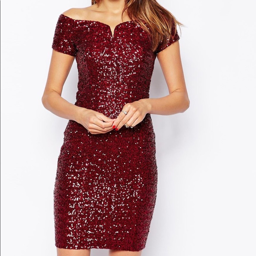 ASOS TFNC Bardot Sequin Dress in Burgundy